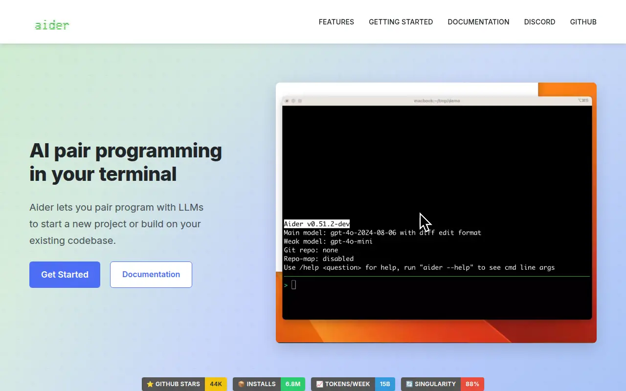 Aider's homepage, Oct 2026