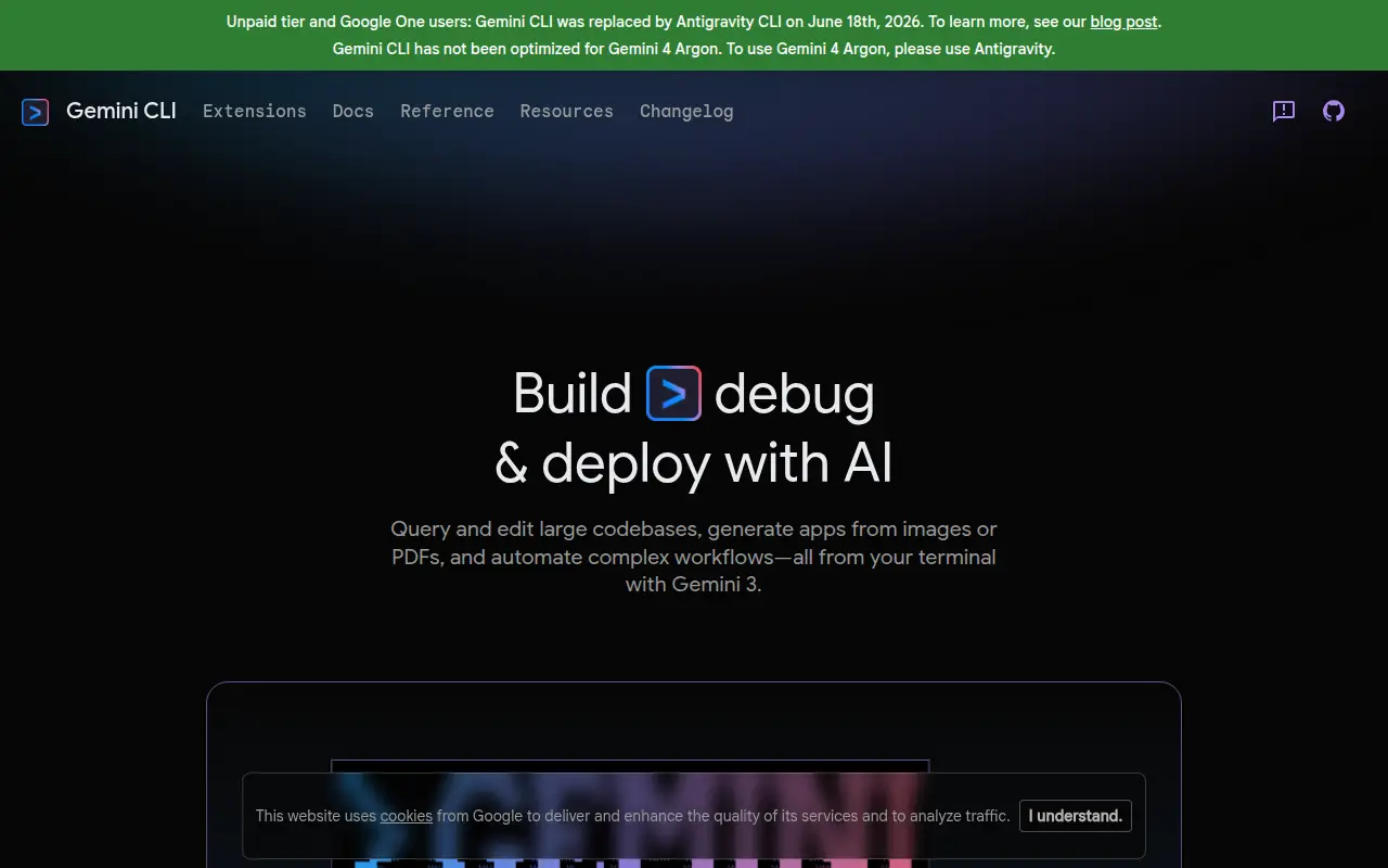 Gemini CLI's homepage, Oct 2026