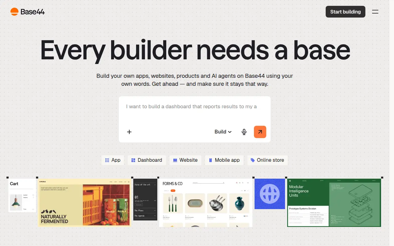 Base44's homepage, Oct 2026