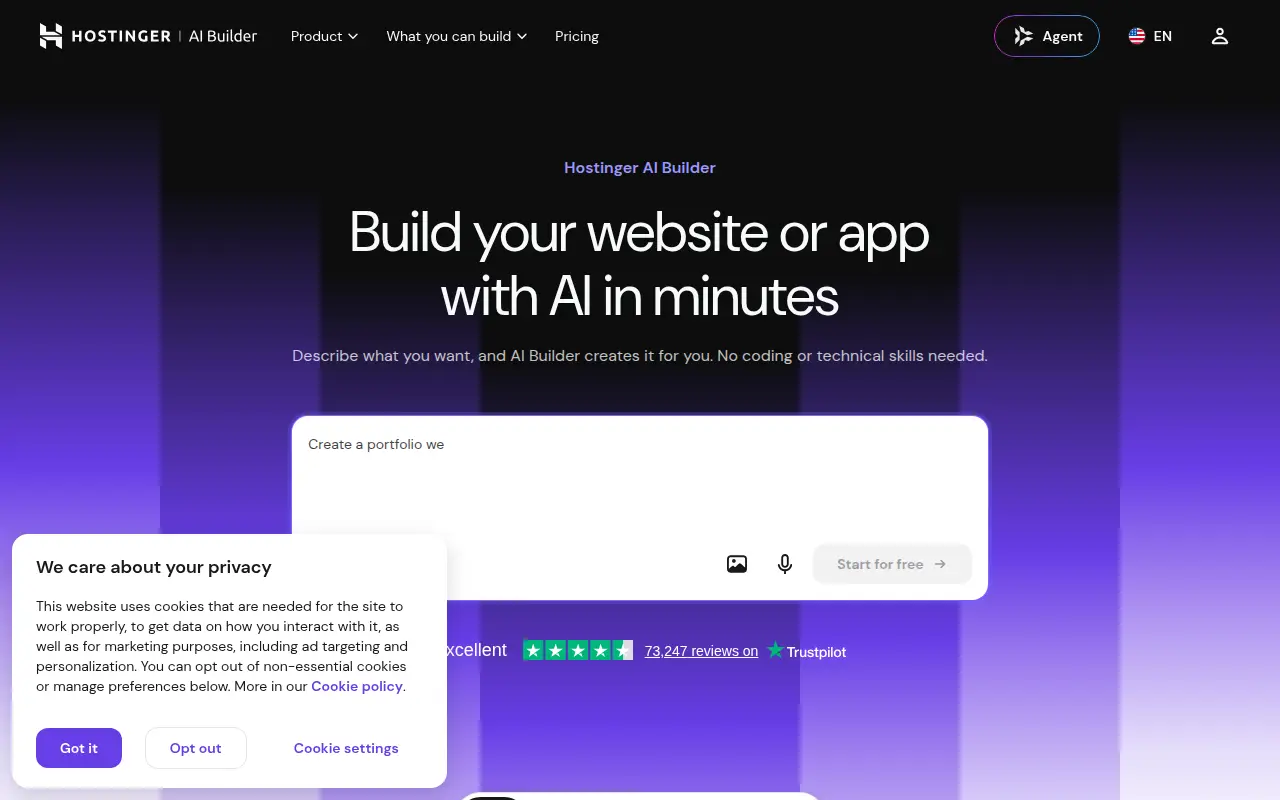 Hostinger AI Builder's homepage, Oct 2026