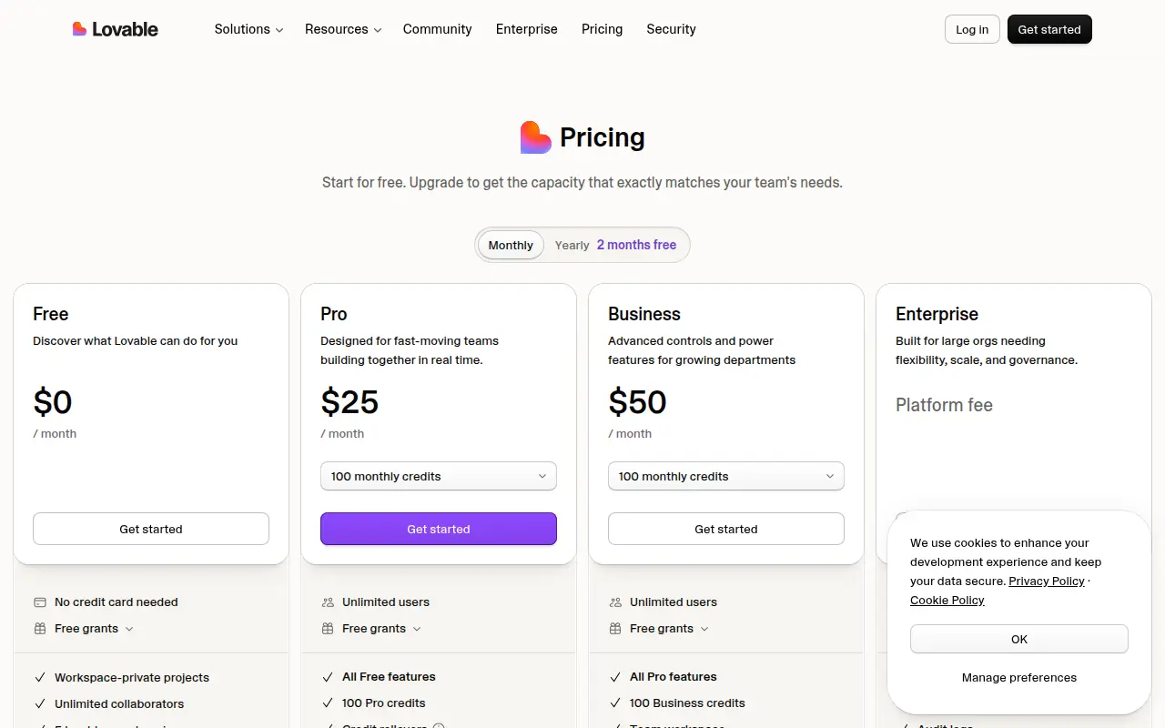 Lovable's pricing page, Oct 2026